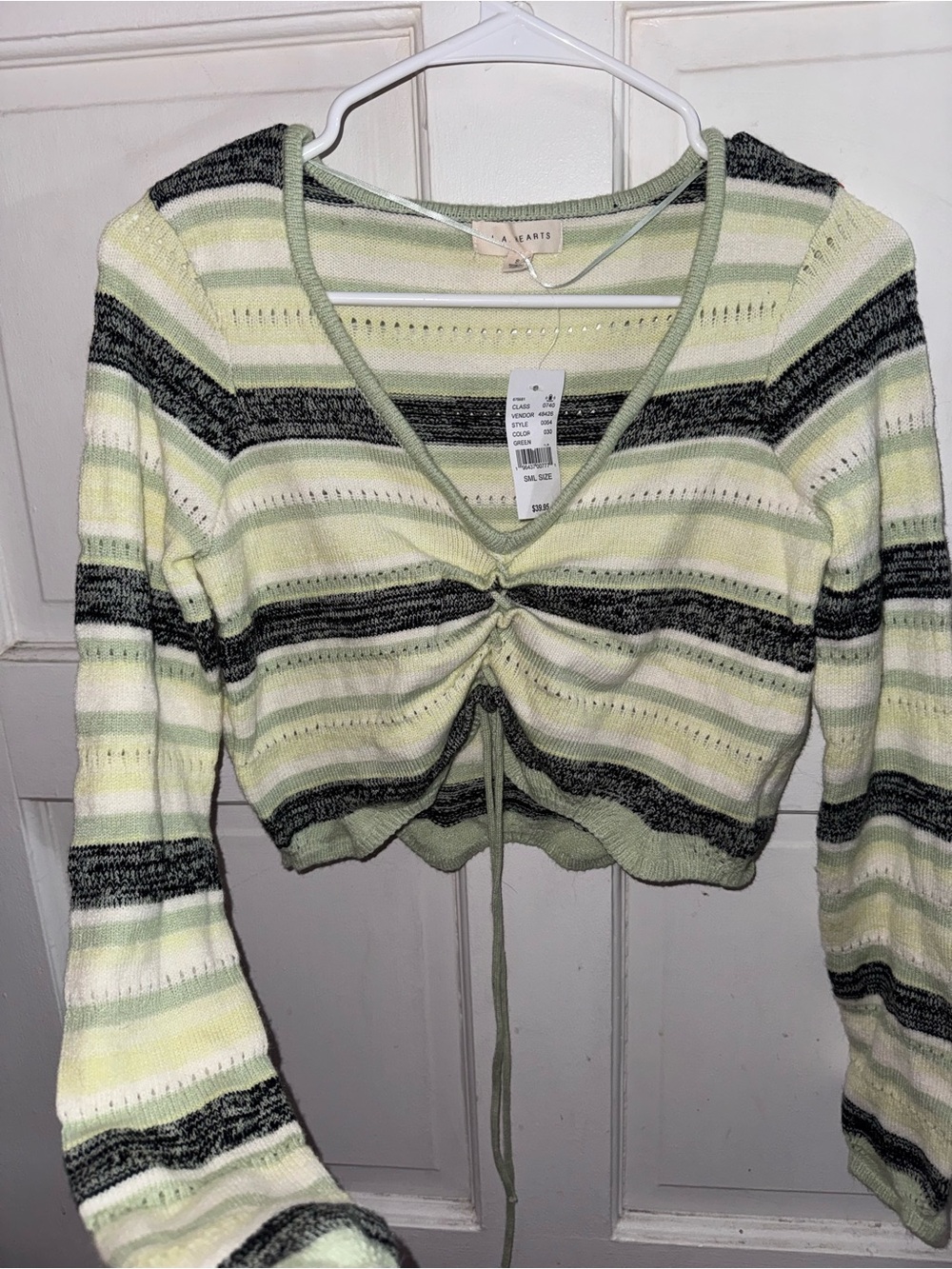 La Hearts Green and Cream Striped Cinch-Front Crop Top